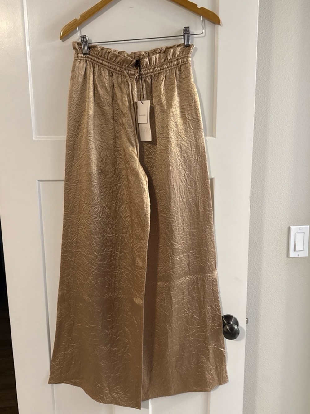 Zara Women’s Wide-Leg Metallic Tan Bottoms with Drawstring Waist